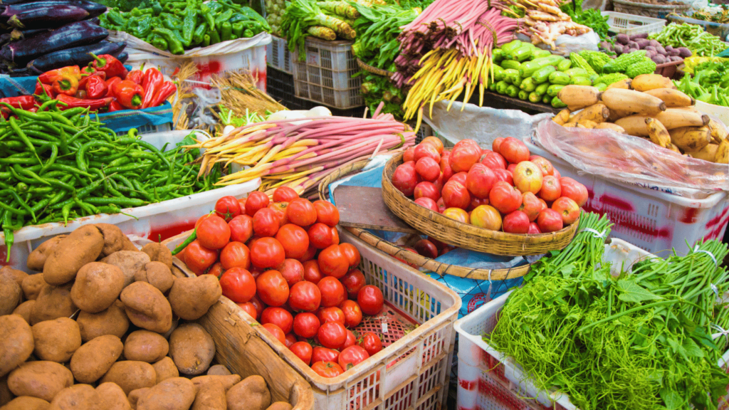 Colorful display of fresh produce at an outdoor market