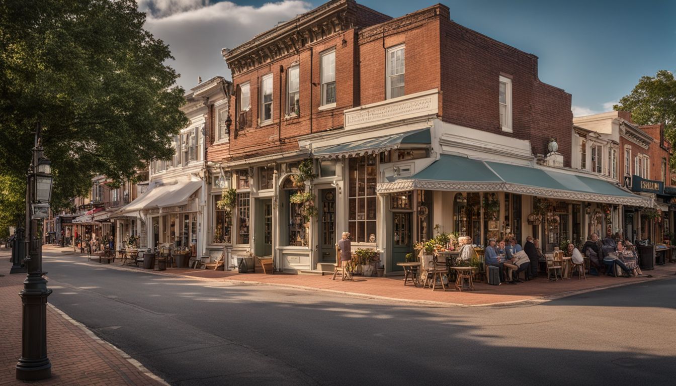 A charming small town main street with a bustling atmosphere captured in high-quality photography.