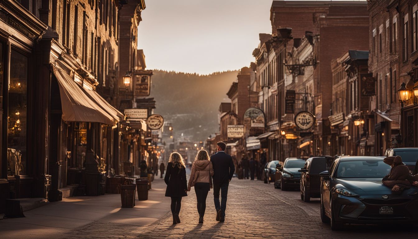 A man and a woman walking through the charming streets of Deadwood at dusk.