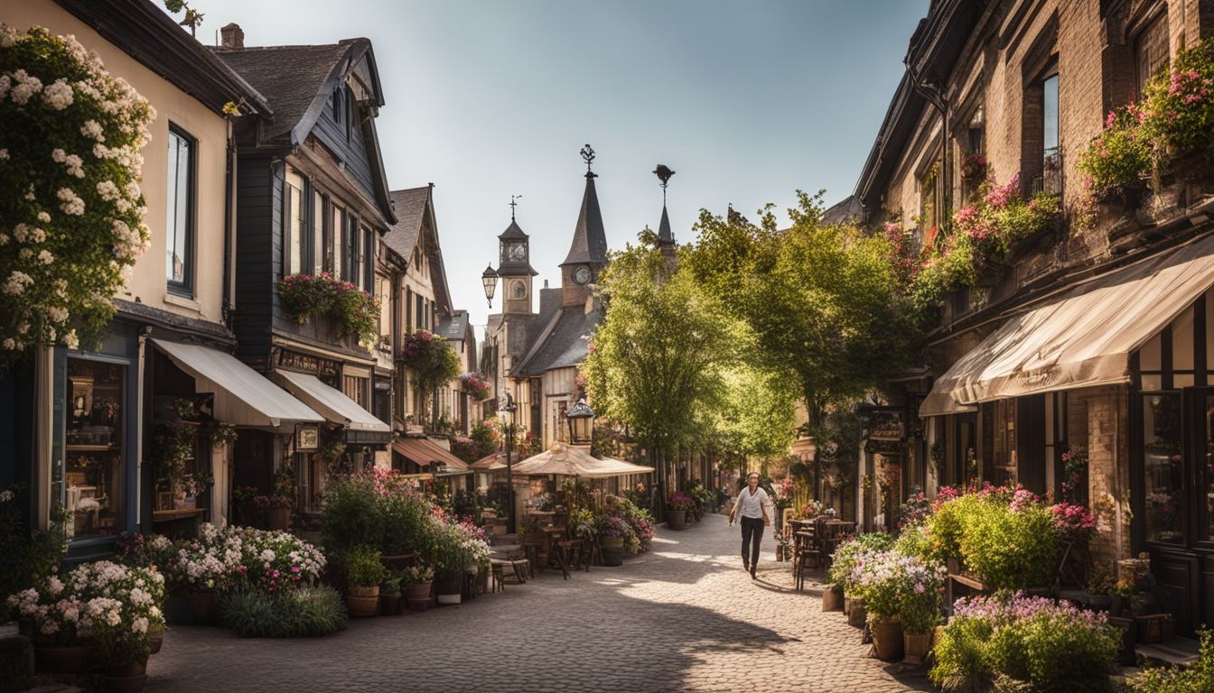A charming small town street with vibrant flower gardens and a bustling atmosphere.