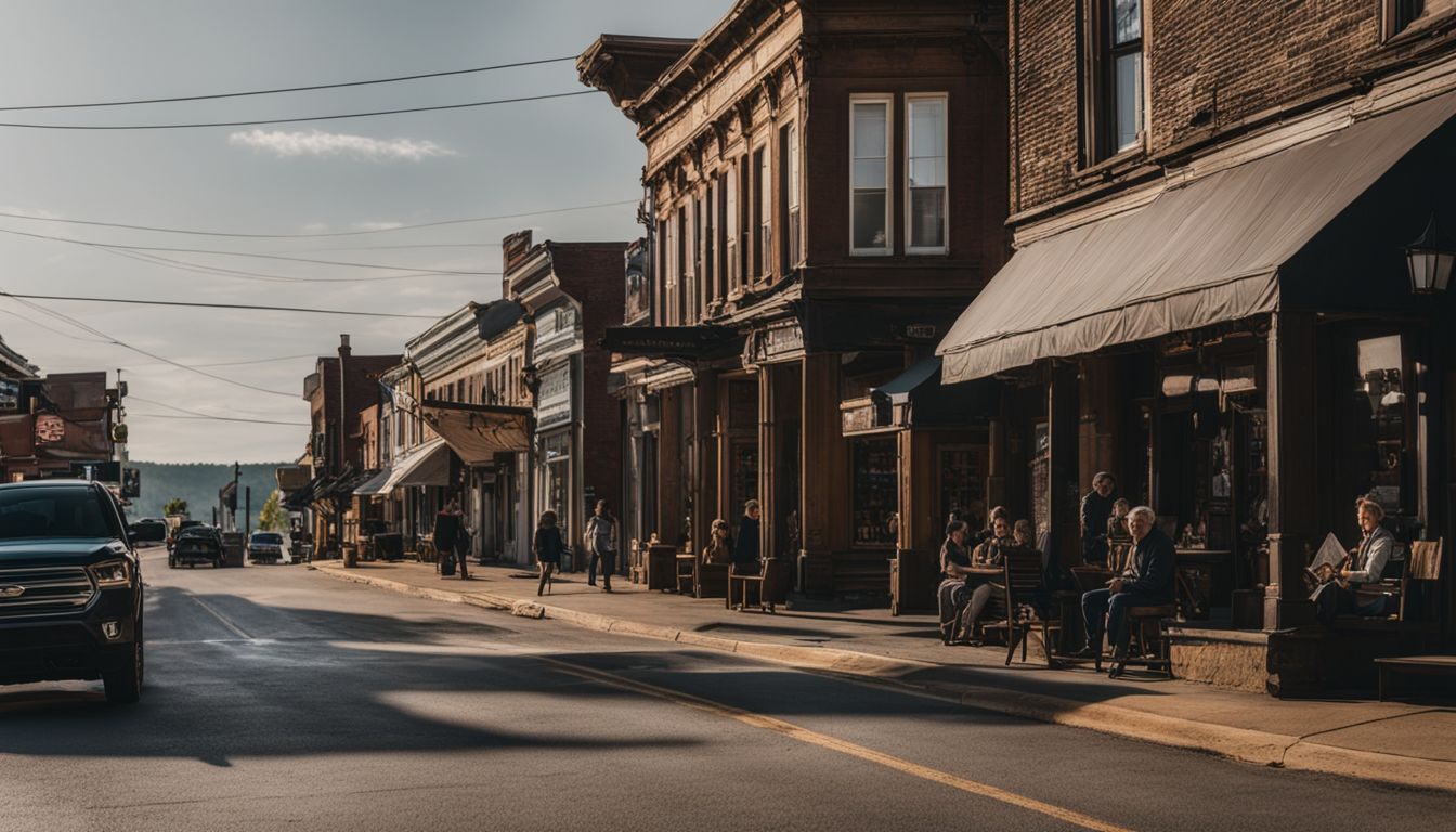 A bustling small town main street with historic buildings, locals, and a peaceful atmosphere.