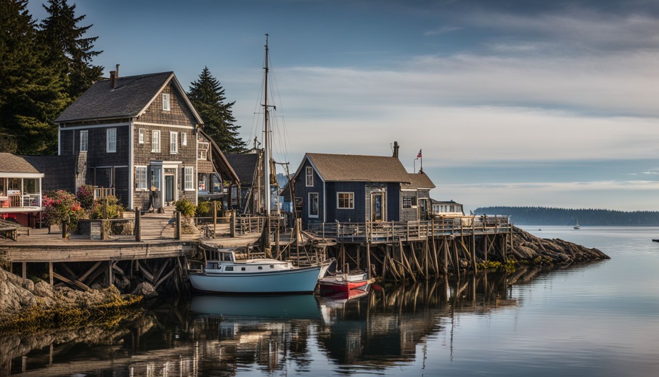 A photo of the charming historic waterfront and bustling atmosphere of Coupeville's serene coastline with varied faces and styles.