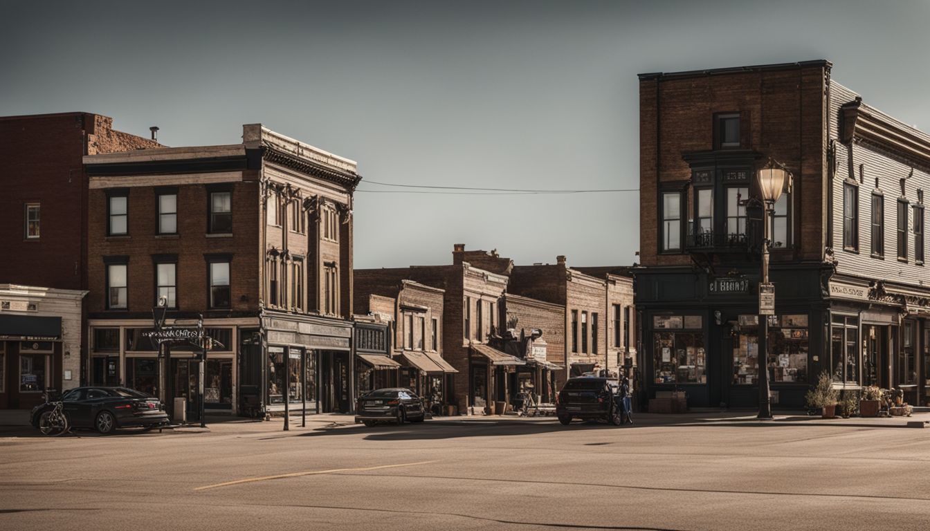 A photo of a quaint small town's main street with historic buildings and a bustling atmosphere.