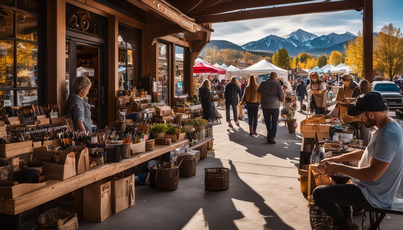A bustling local artisan market in a charming Colorado town with colorful storefronts and a mountain backdrop.