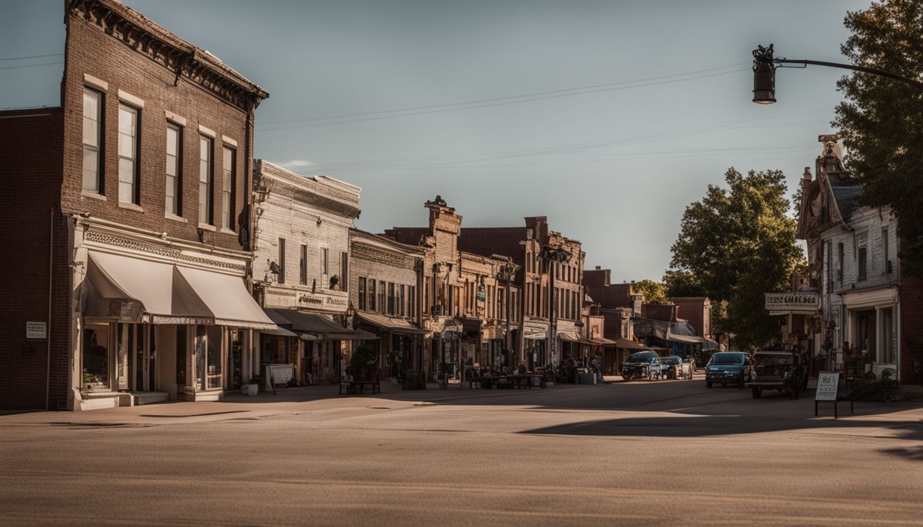A charming main street in a small Nebraska town filled with historic buildings and bustling activity.