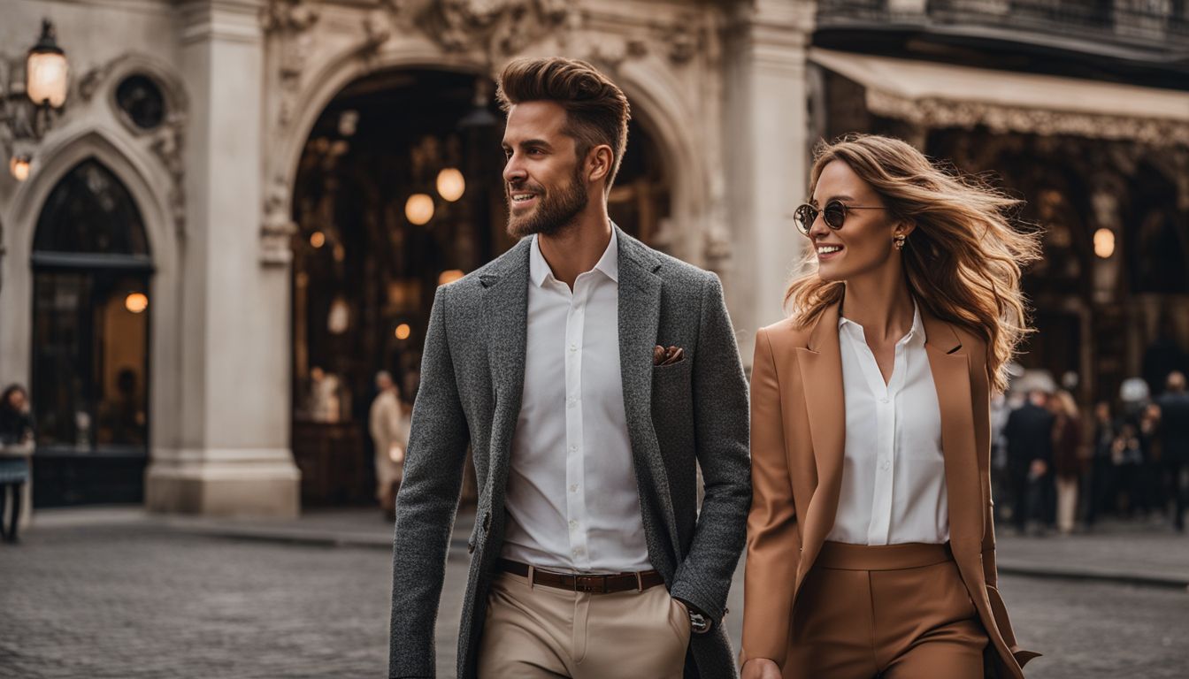 A couple enjoys a leisurely stroll through a charming and historic downtown area.