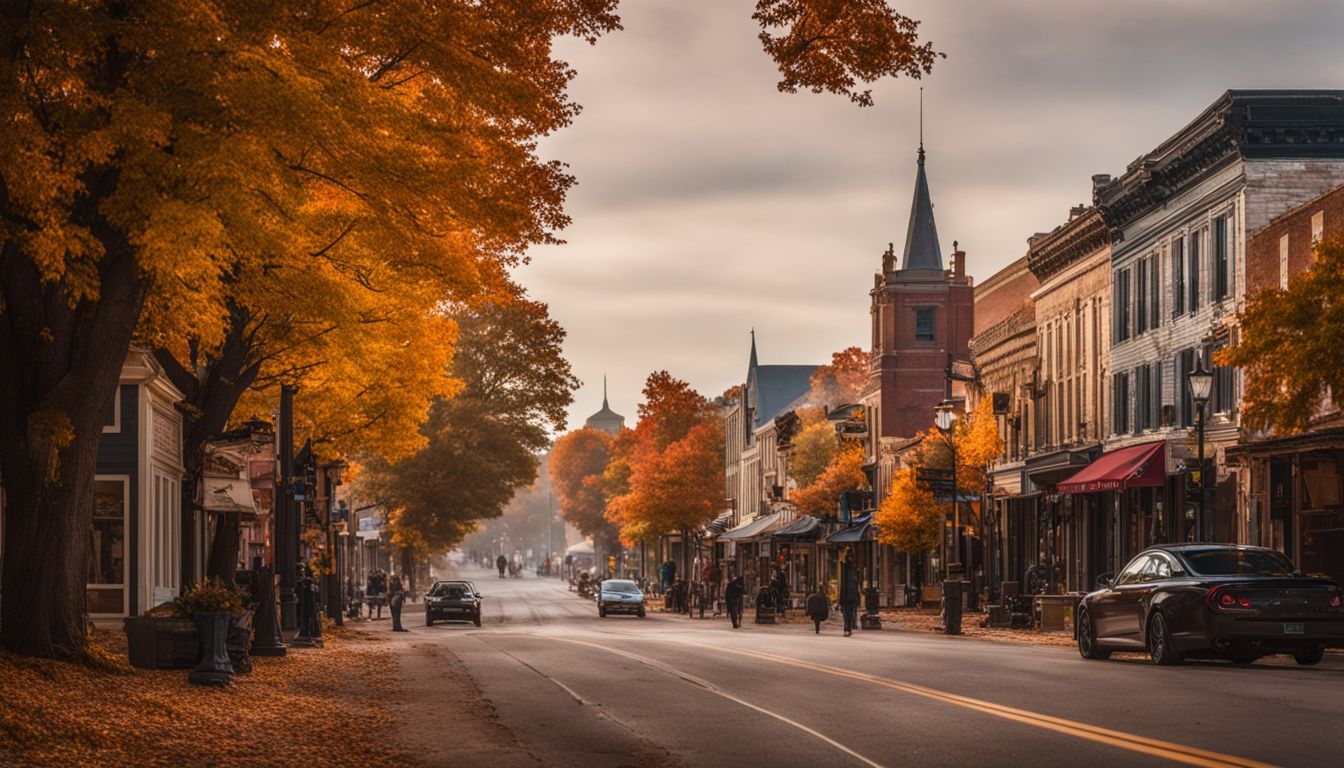A charming main street in a small Iowa town surrounded by vibrant fall foliage and bustling with people.