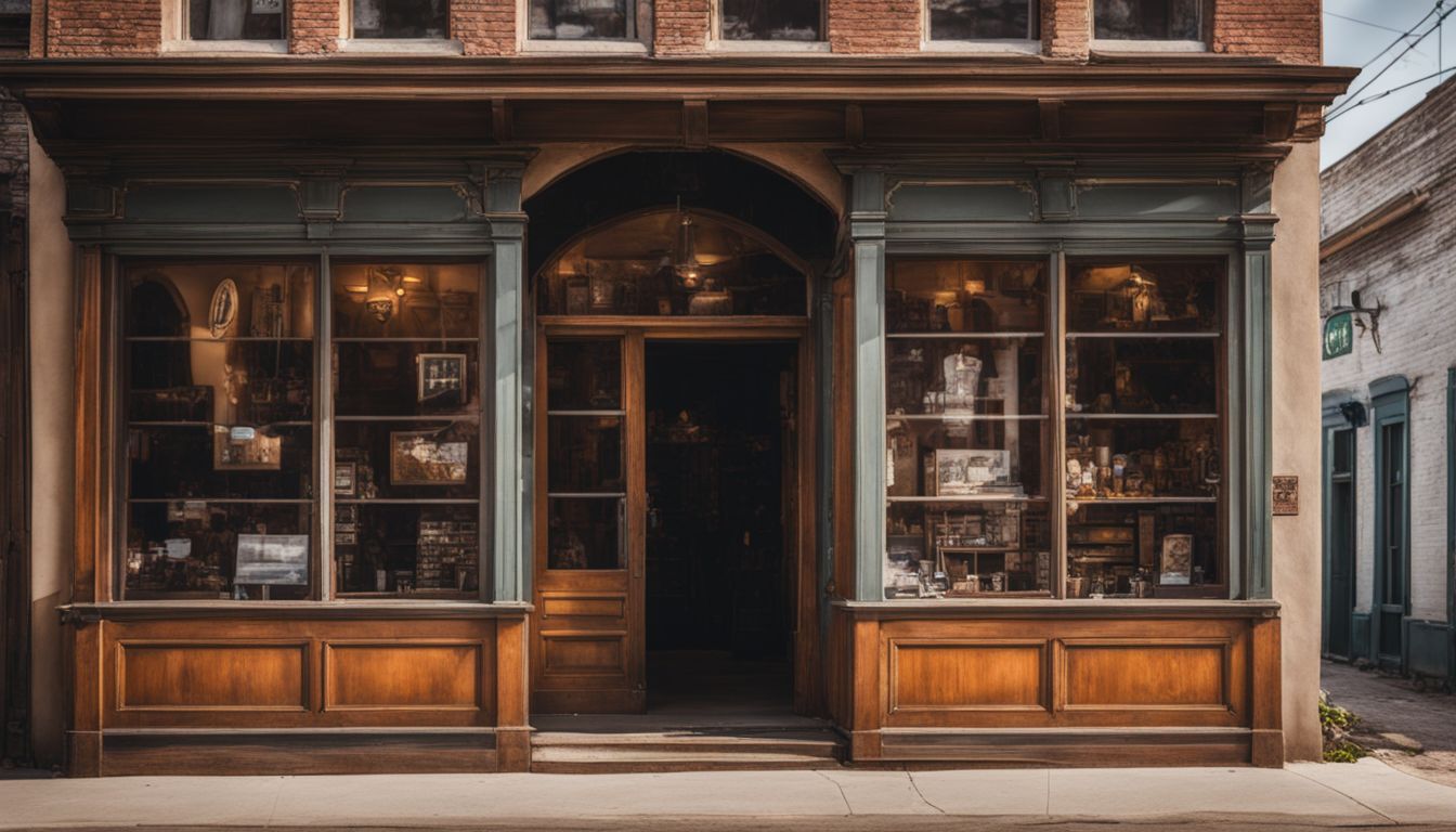 A charming old western storefront in a bustling small town with diverse faces and styles.