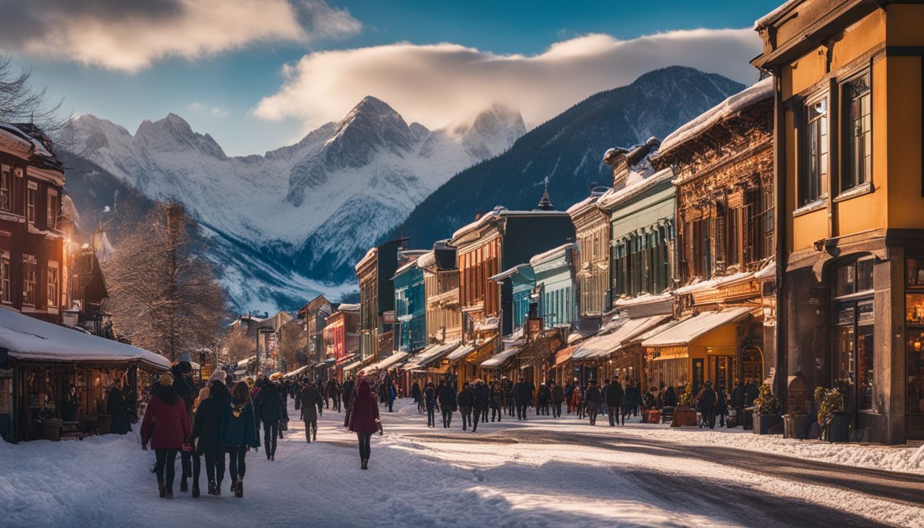 A vibrant main street with colorful buildings and snow-capped mountains in the background.