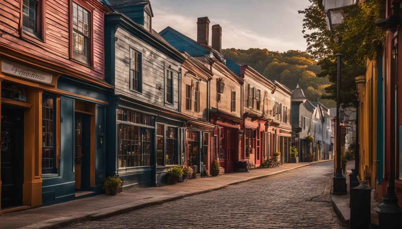 The photo captures a vibrant street scene in Mystic with colorful buildings and a bustling atmosphere.