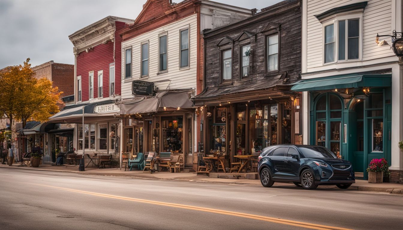 A charming street in Ludington with colorful storefronts and bustling atmosphere.
