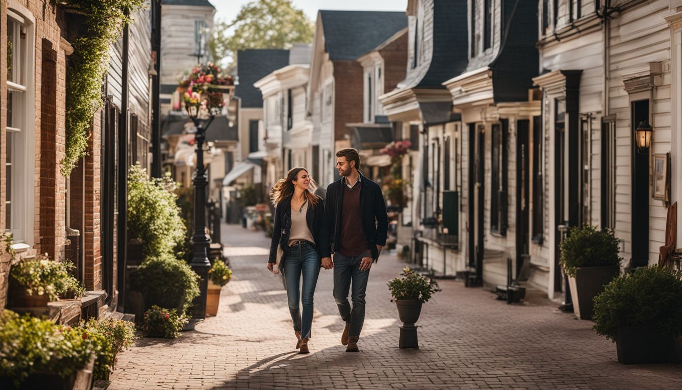 A man and a woman walk through the charming streets of a small Virginia town.