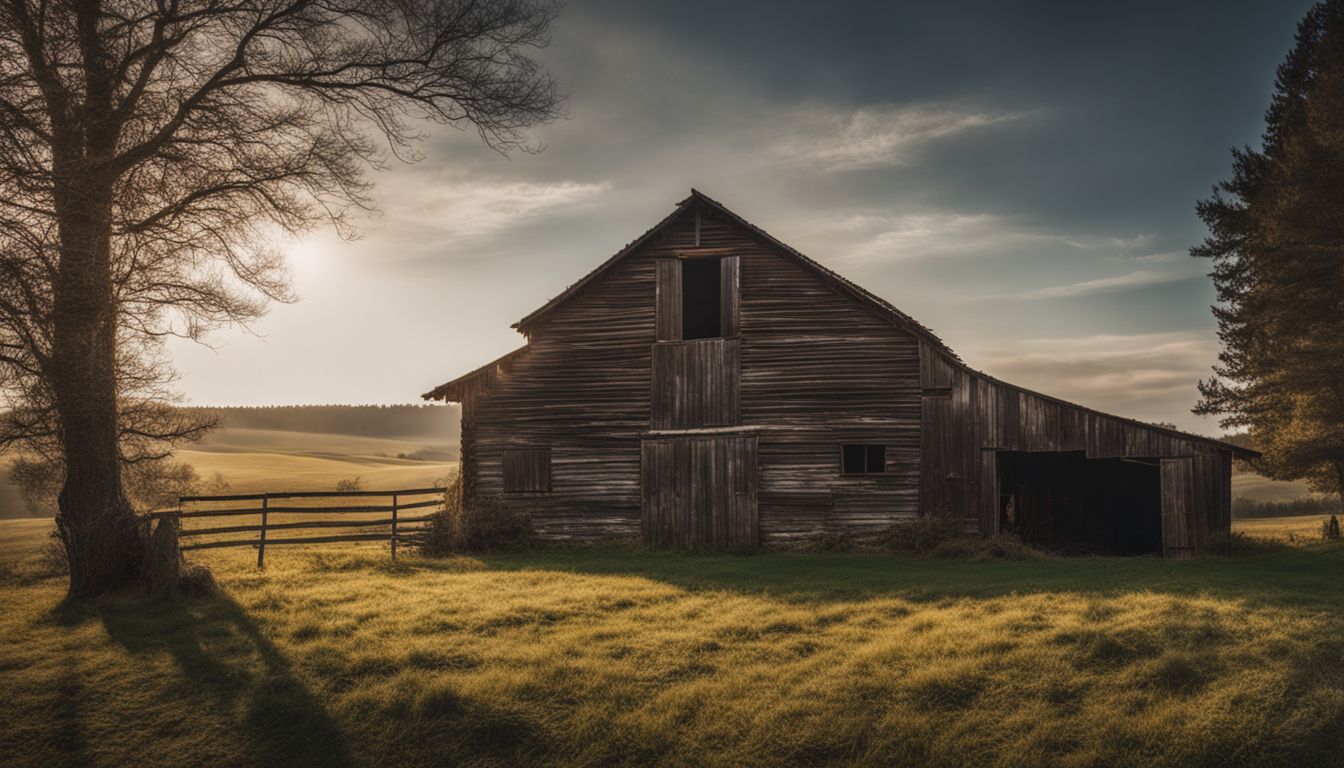 A rustic barn in a peaceful countryside with a variety of people and different styles.