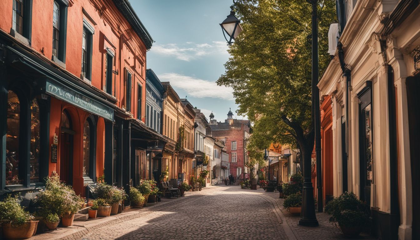 A charming small town street with historic buildings and a bustling atmosphere.