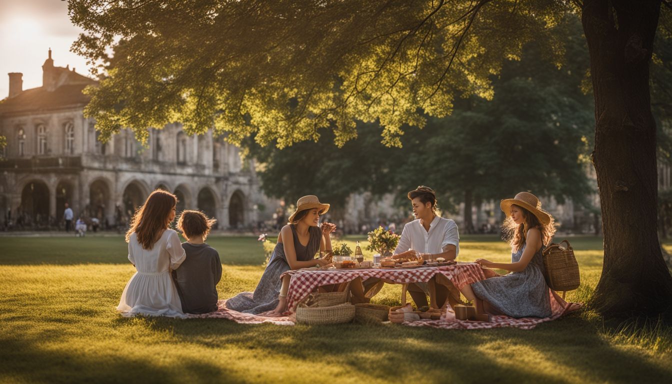 Local residents enjoying a peaceful picnic in a charming small-town park with picturesque surroundings.