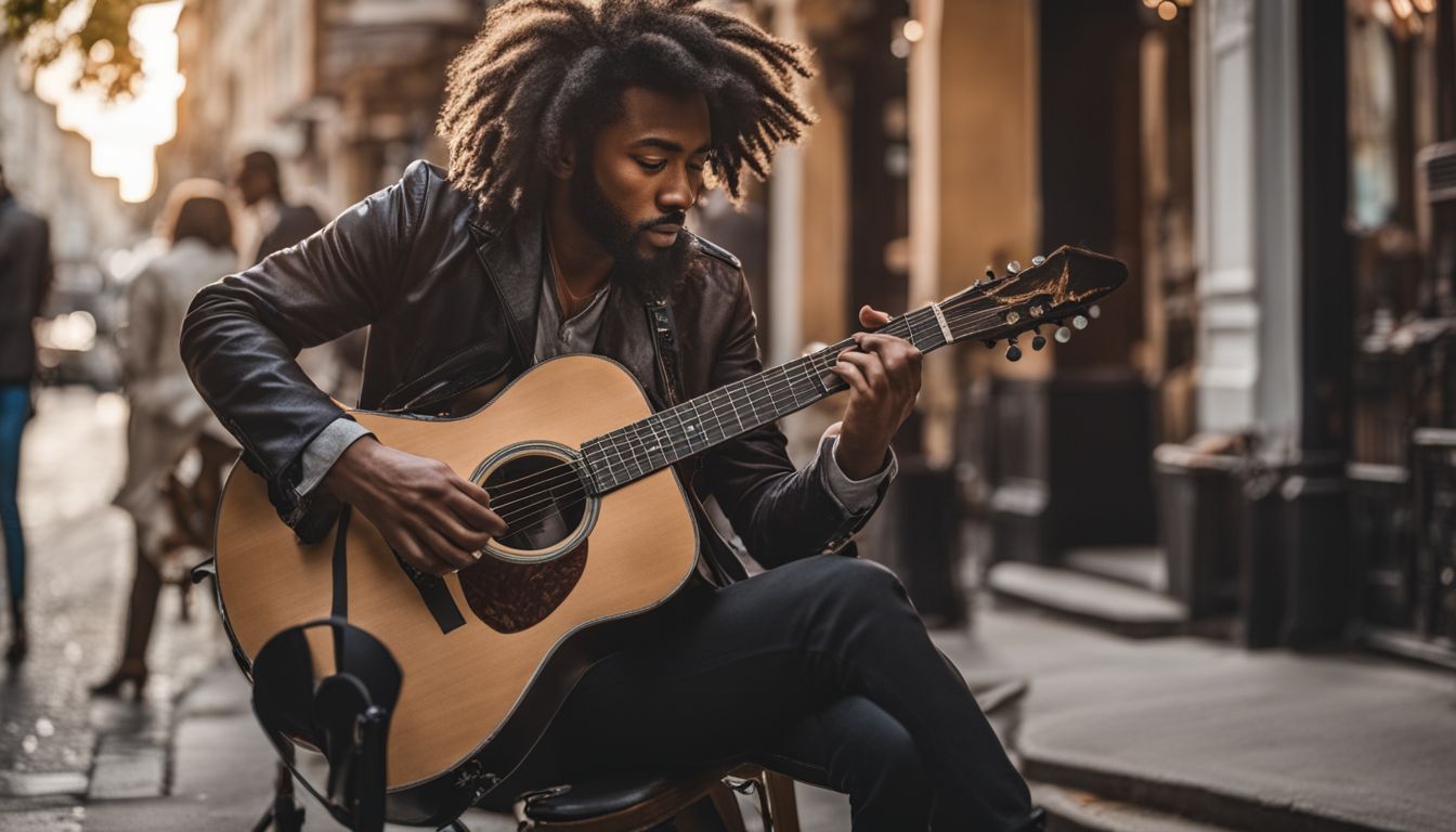 A musician playing the guitar on a lively street corner, captured in high definition.