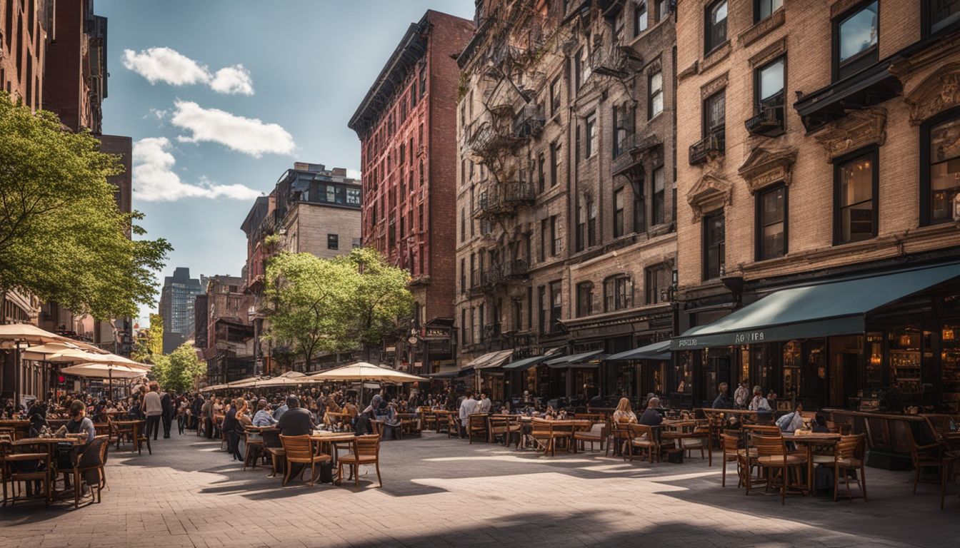 A bustling town square with historic buildings and modern cafes captures the essence of a rustic New York cityscape.