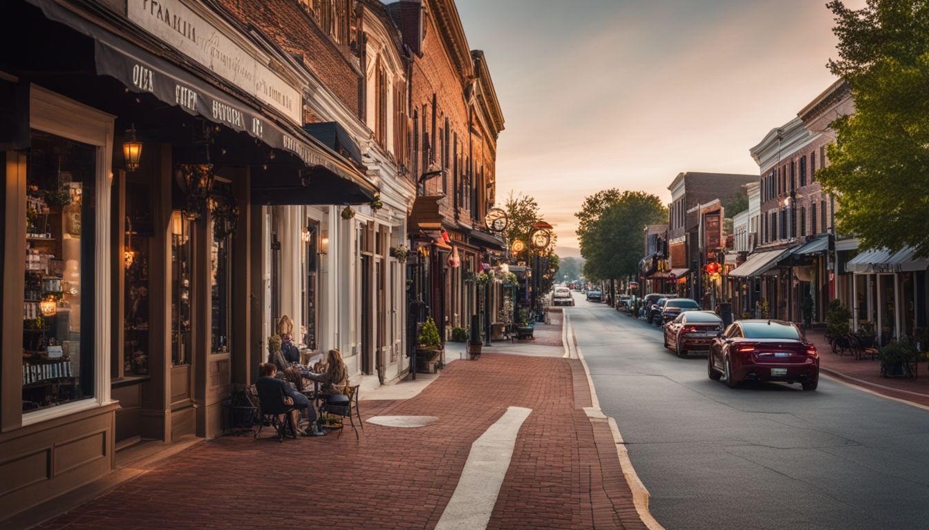 A vibrant and bustling main street in Franklin, Tennessee, lined with colorful buildings and local shops.
