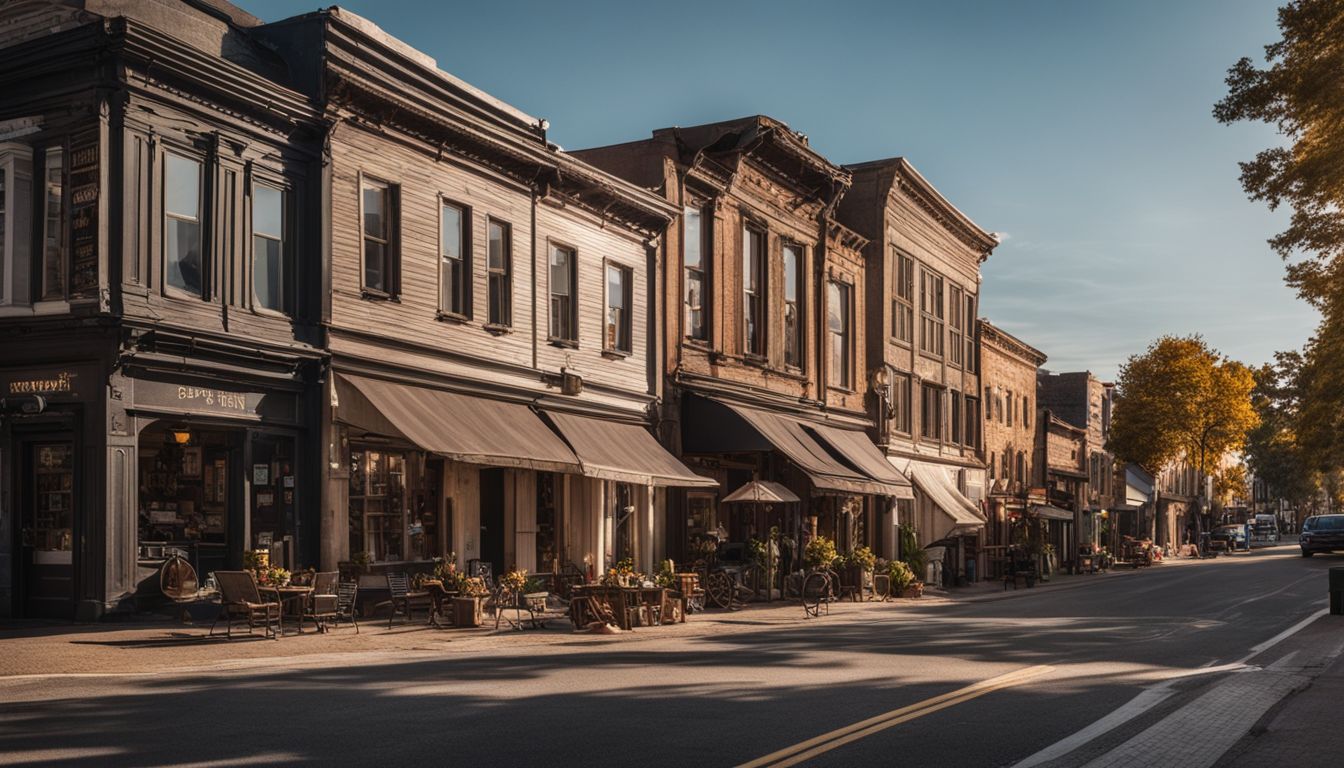 A charming small town main street with historical buildings and bustling atmosphere.
