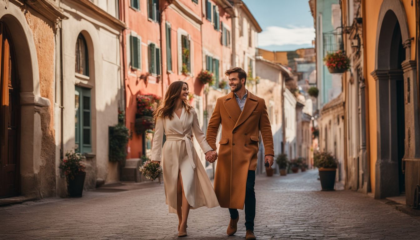 A couple strolls hand-in-hand through a vibrant historic town in a bustling atmosphere.