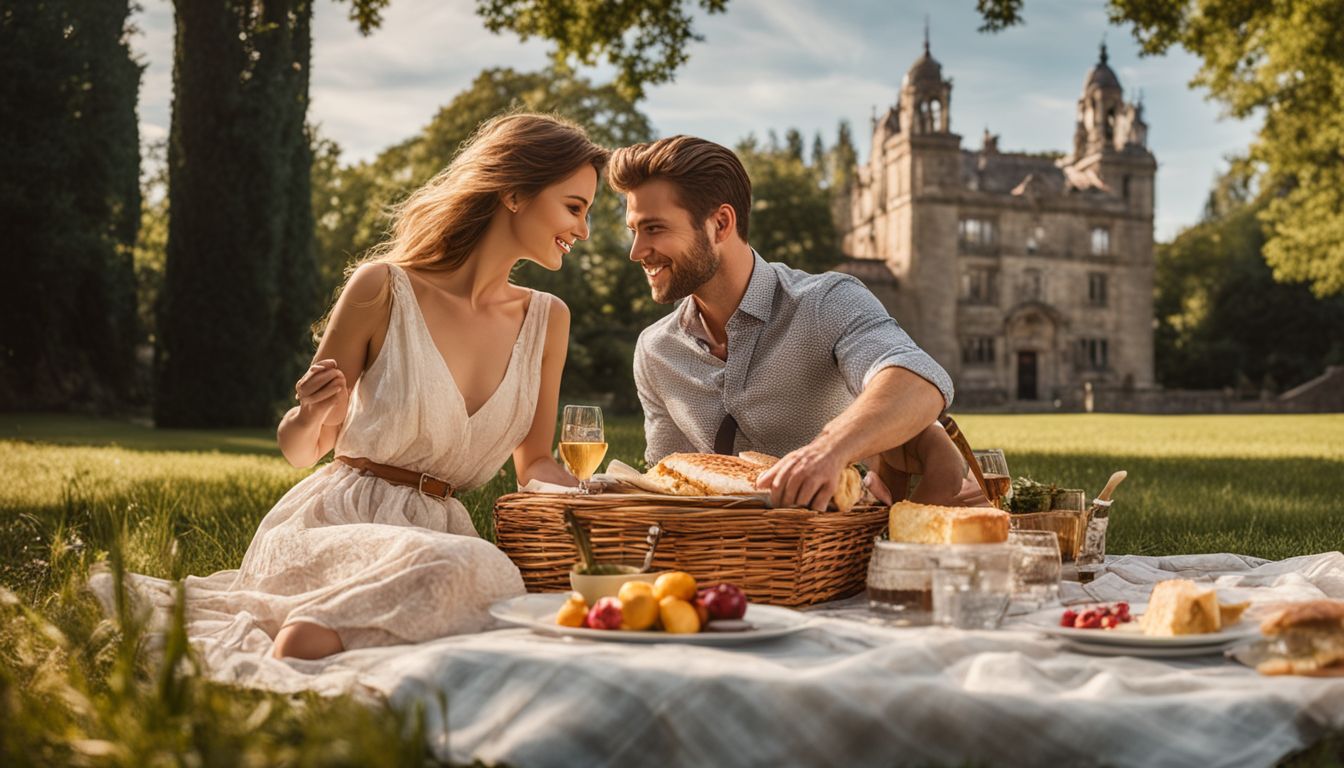 A couple enjoying a romantic picnic in a picturesque small town park surrounded by historic buildings.