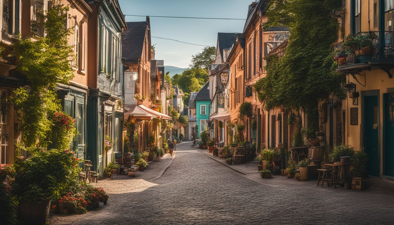 A charming small town street surrounded by vibrant buildings and lush forests, capturing a bustling and picturesque atmosphere.