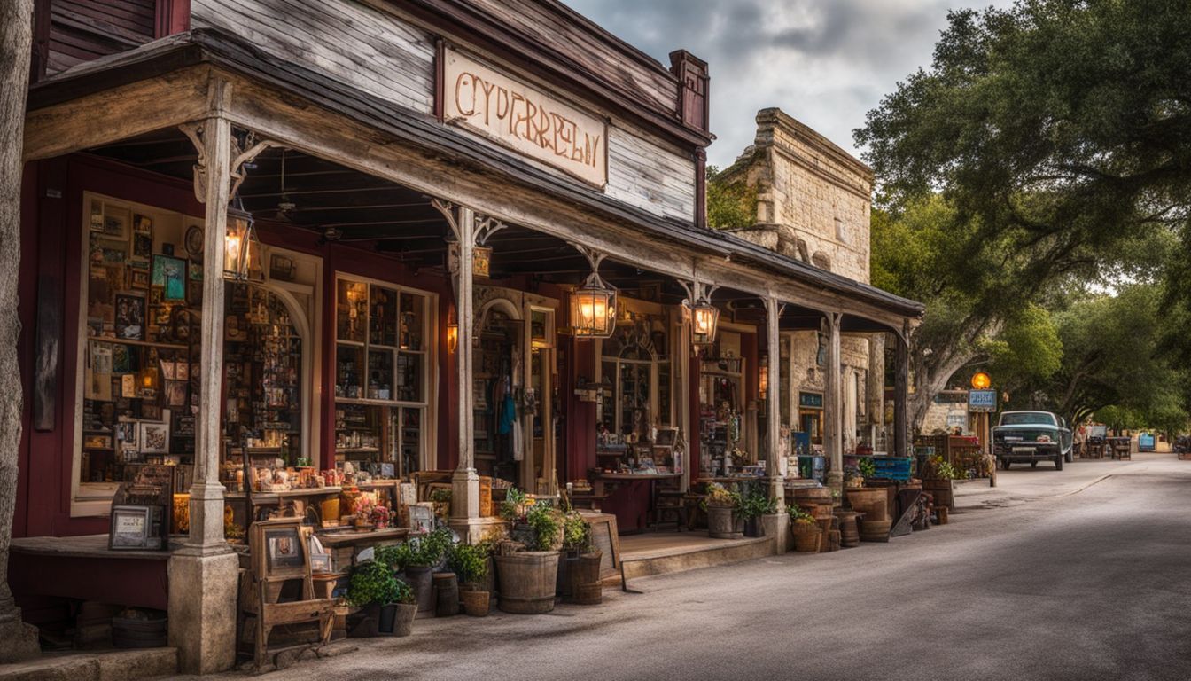 The vibrant main street of Wimberley with colorful shops and historic buildings is captured in high-quality photography.