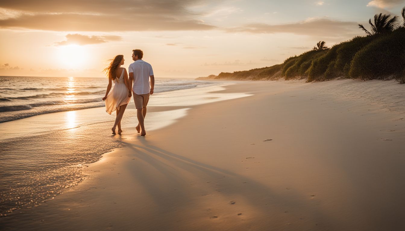 A couple enjoying a sunset stroll on the serene beaches of Vero Beach.