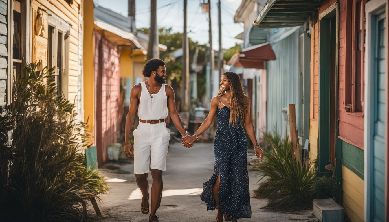 A couple walking together along the vibrant streets of Cedar Key.