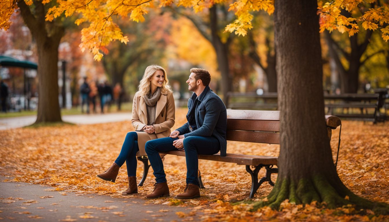 A couple sits on a bench in a picturesque park surrounded by colorful fall foliage.