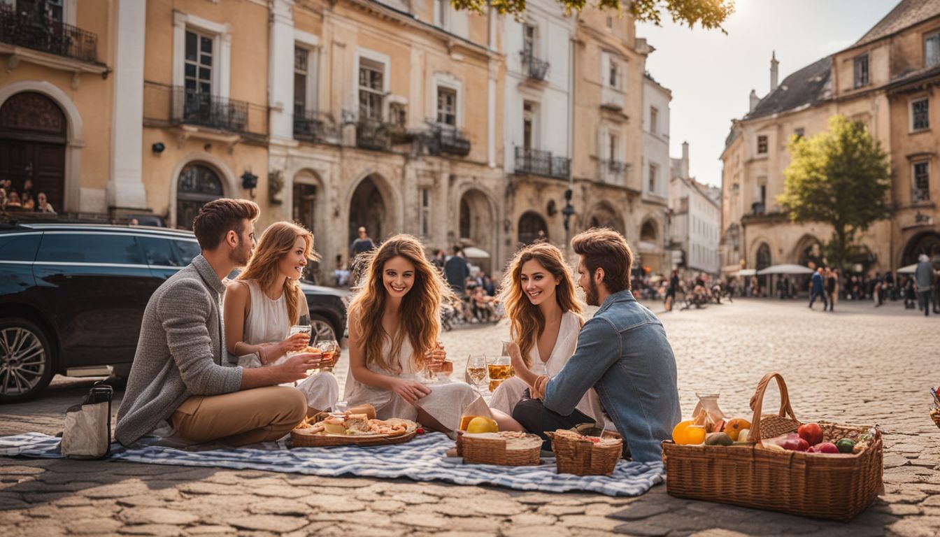 A diverse group of friends enjoying a picnic in a charming town square surrounded by historical buildings.