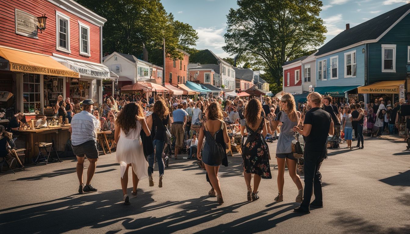 Locals enjoying a small town festival in Maine, surrounded by quaint shops and colorful buildings.