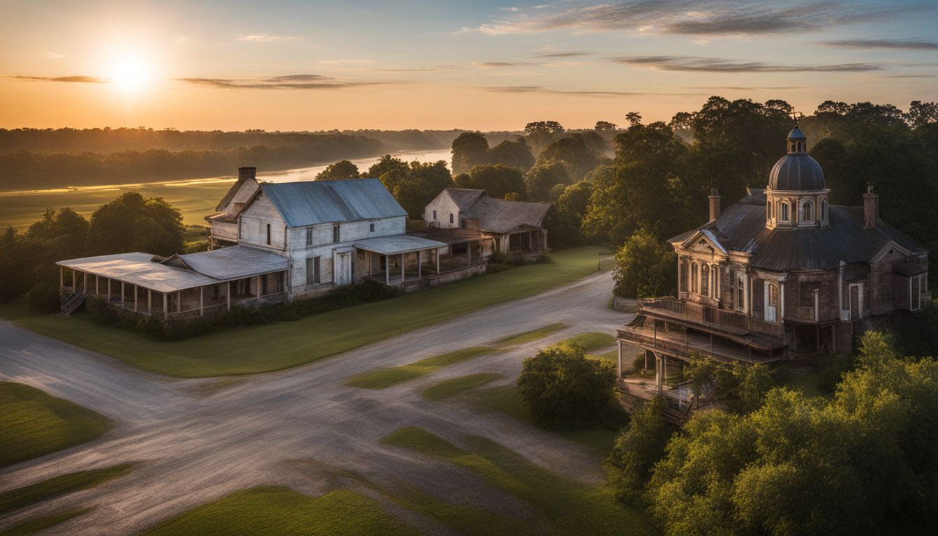 A serene sunrise over a historic Louisiana small town with lush scenery and bustling atmosphere.
