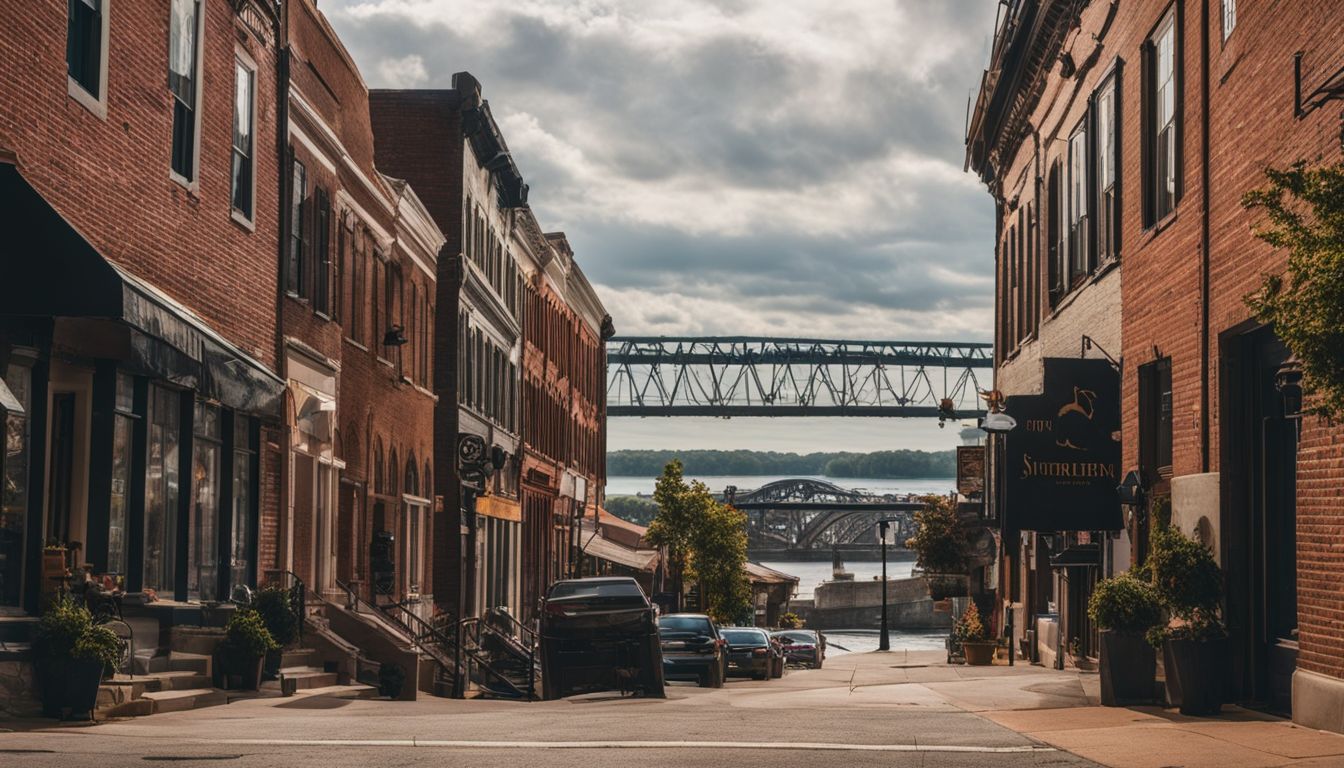 A bustling afternoon in downtown Augusta with colorful storefronts and a view of the Ohio River.