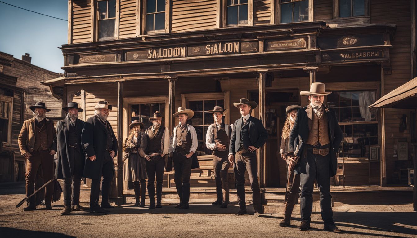A diverse group of people gathered in front of a historic saloon in Virginia City.