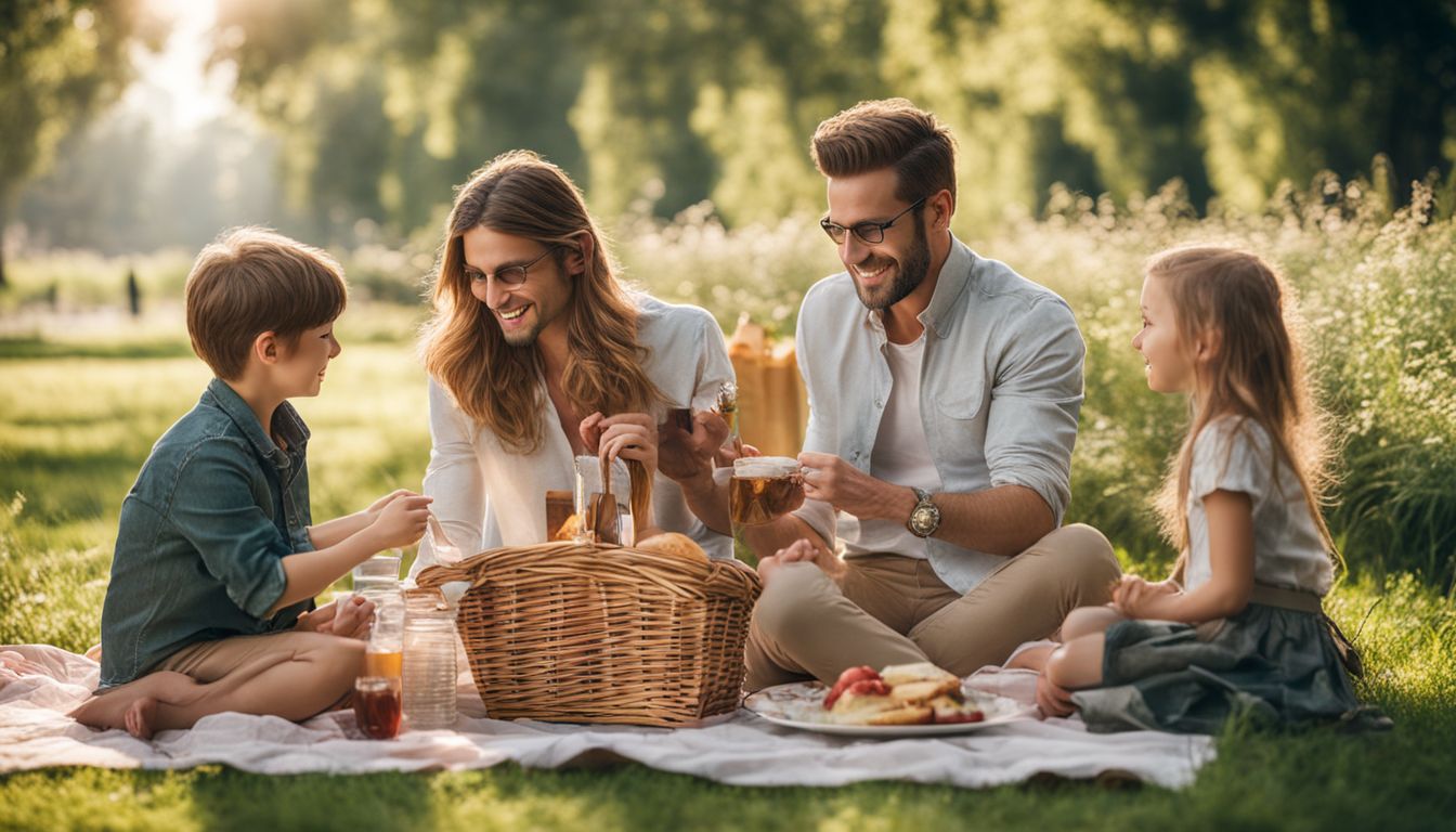 A group of friends enjoying a picnic in a small town park.