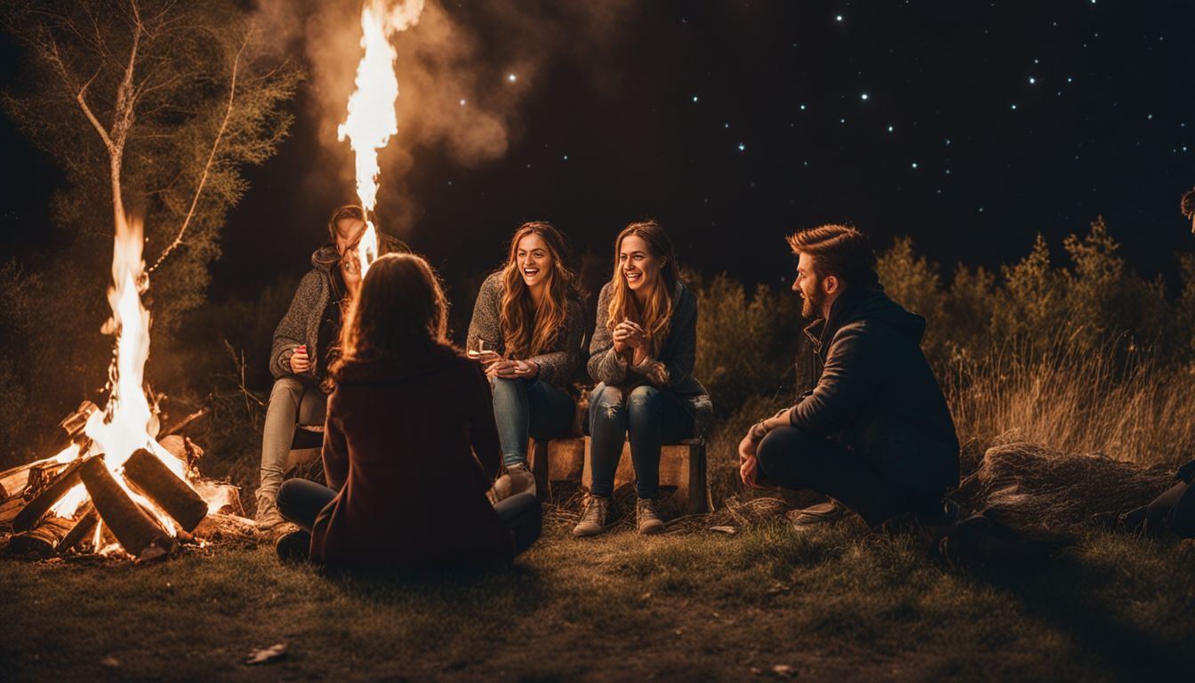 A group of diverse friends enjoying a bonfire under the starry night sky in a small town.