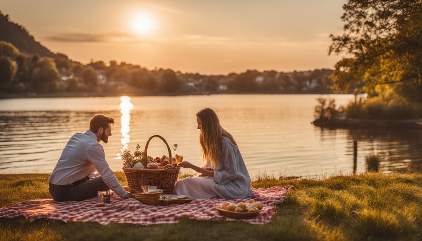 A couple enjoying a romantic sunset picnic on a waterfront in a small town.