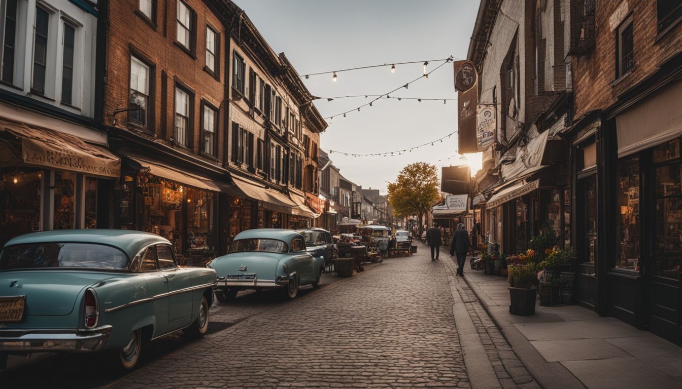 The photo captures a bustling small town street with vintage shops and colorful storefronts.