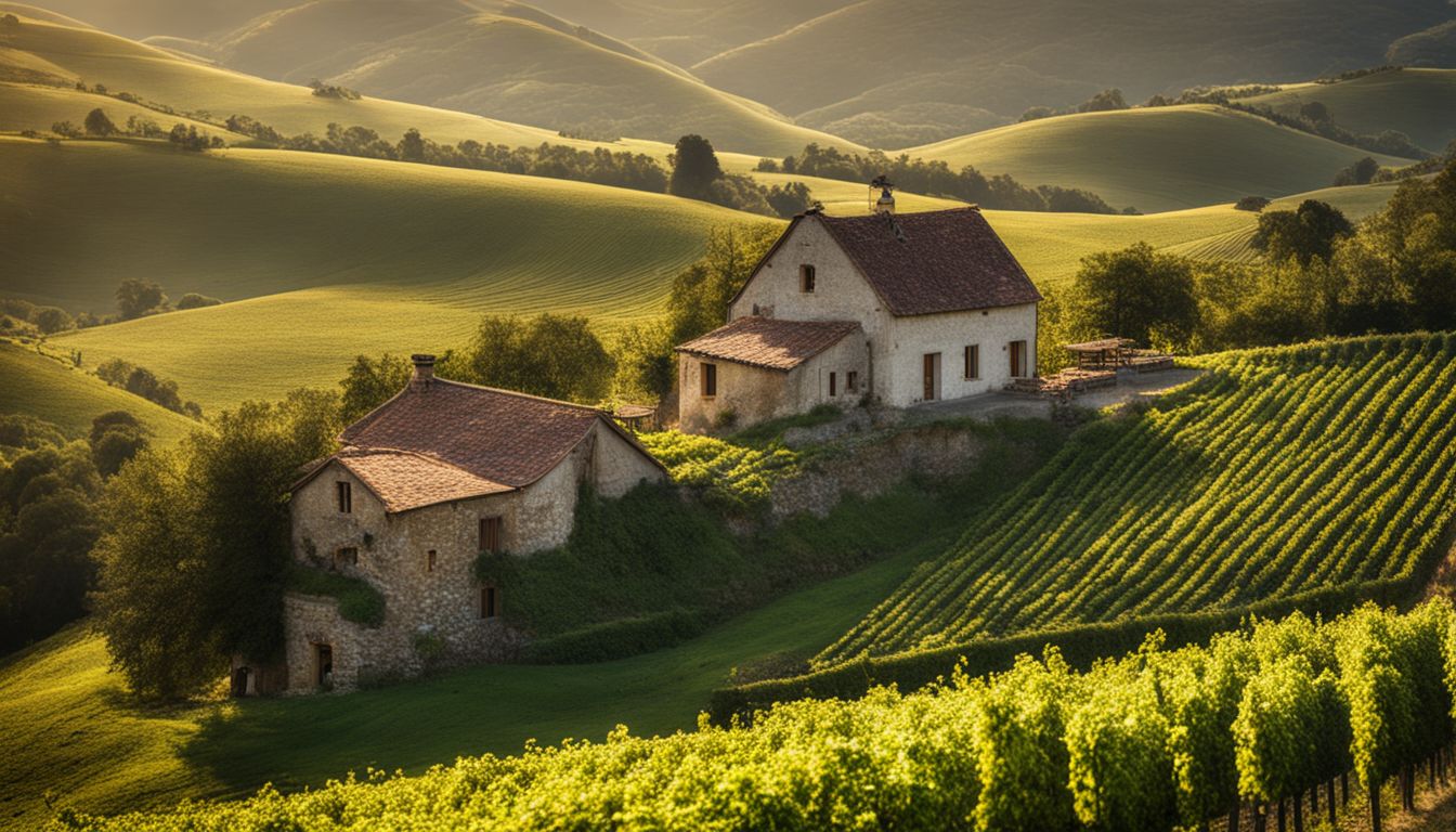 A photo of rolling vineyards and a farmhouse nestled in picturesque hills.