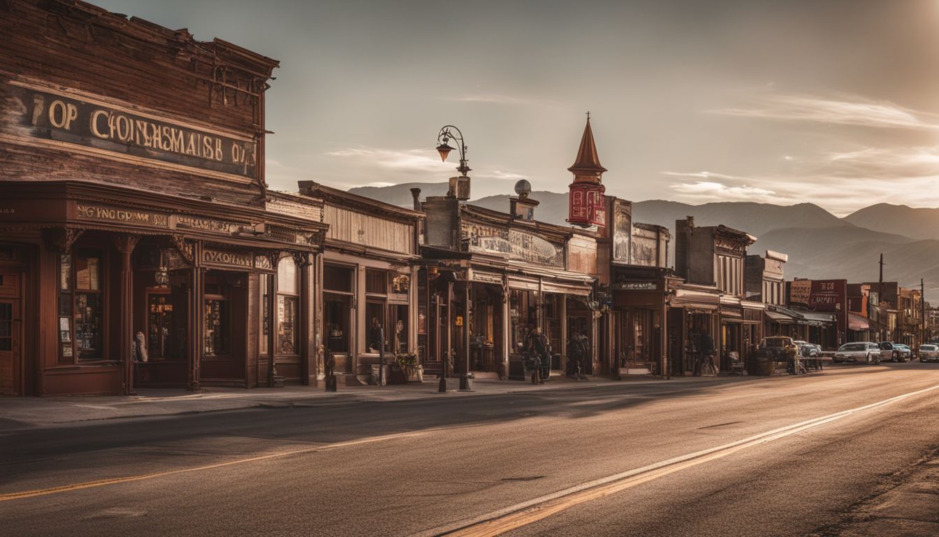A photo of a charming main street in a historic Nevada small town with a bustling atmosphere.
