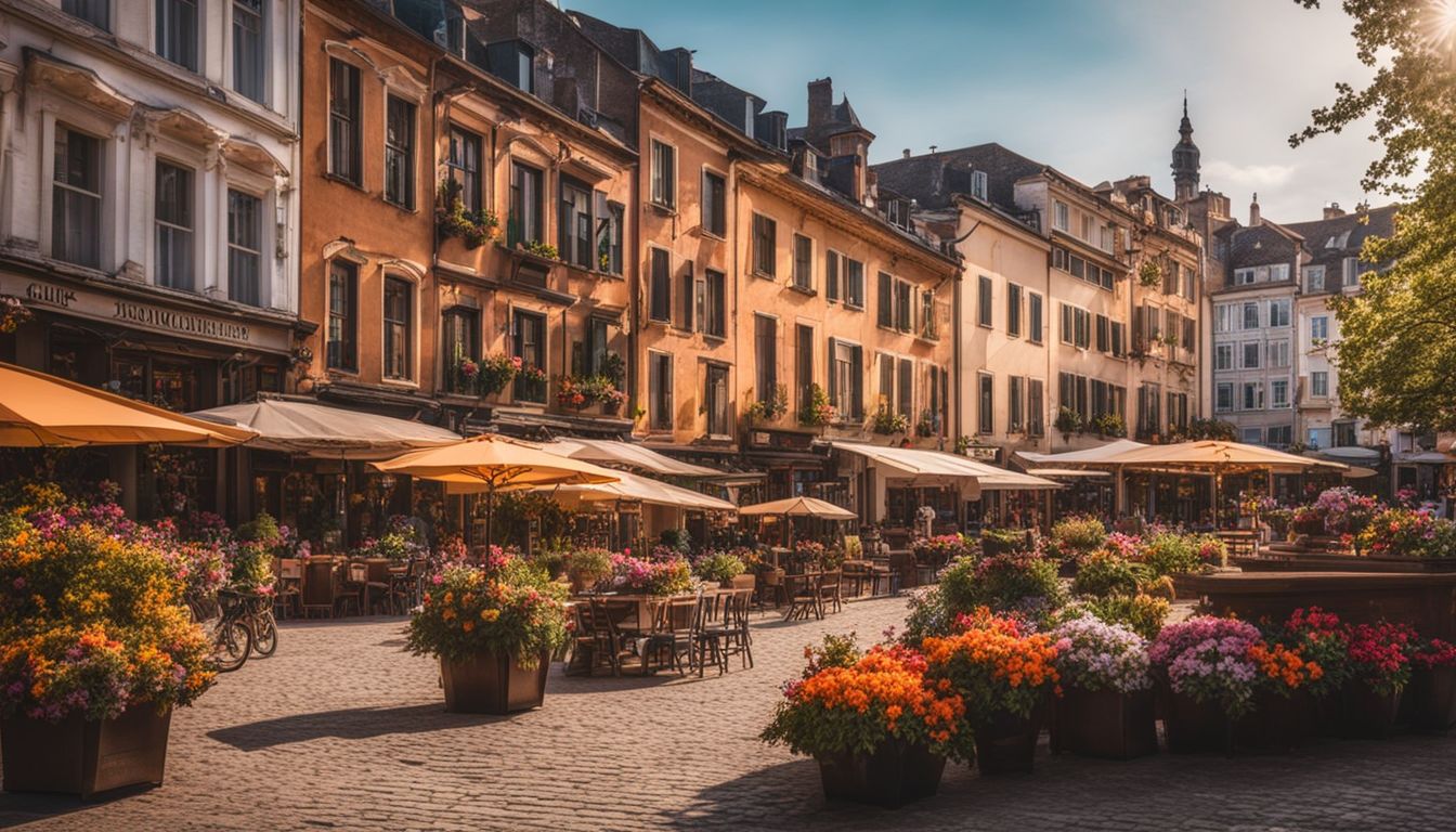 A charming town square with diverse people and vibrant surroundings captured in high-resolution photography.
