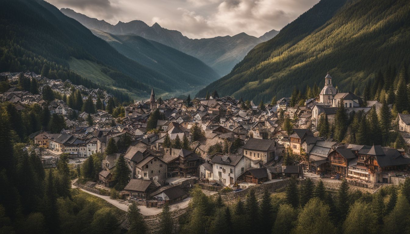 A panoramic view of a charming small town nestled in the mountains, captured with a wide-angle lens.