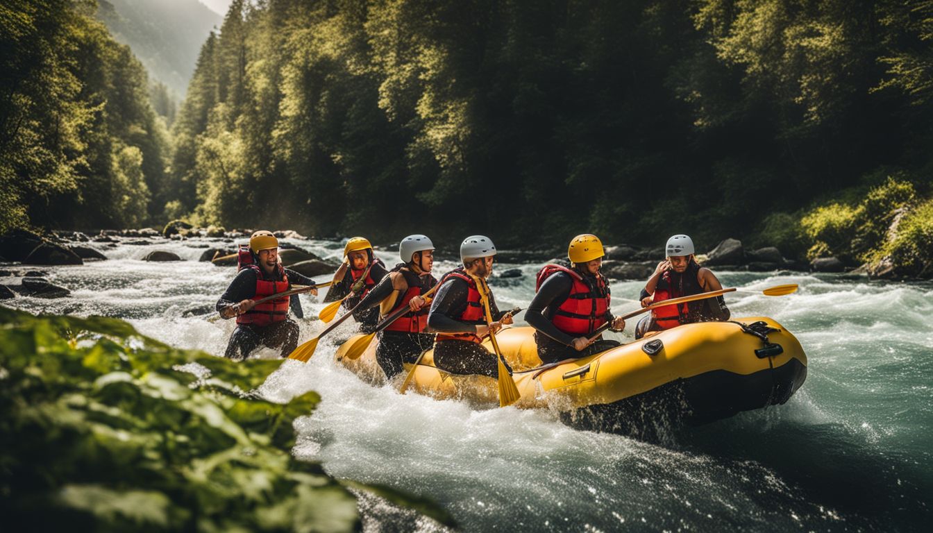 A group of friends enjoying a rafting trip down a lush river.