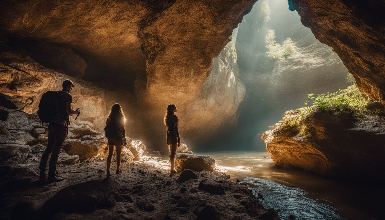 A man and woman explore a glowing cave with colorful walls using professional photography equipment.