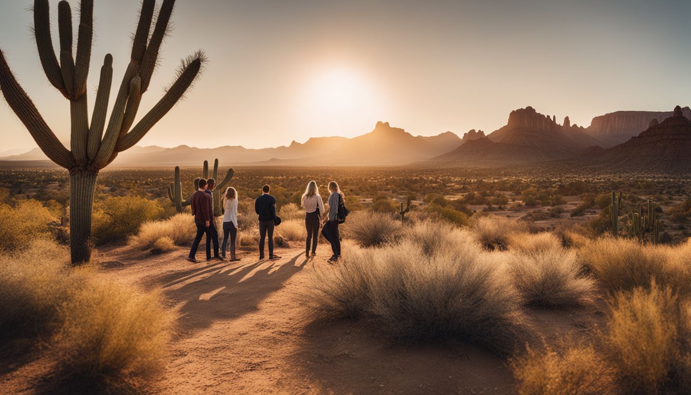 A group of diverse people enjoying the scenic desert landscape near Phoenix, Arizona.