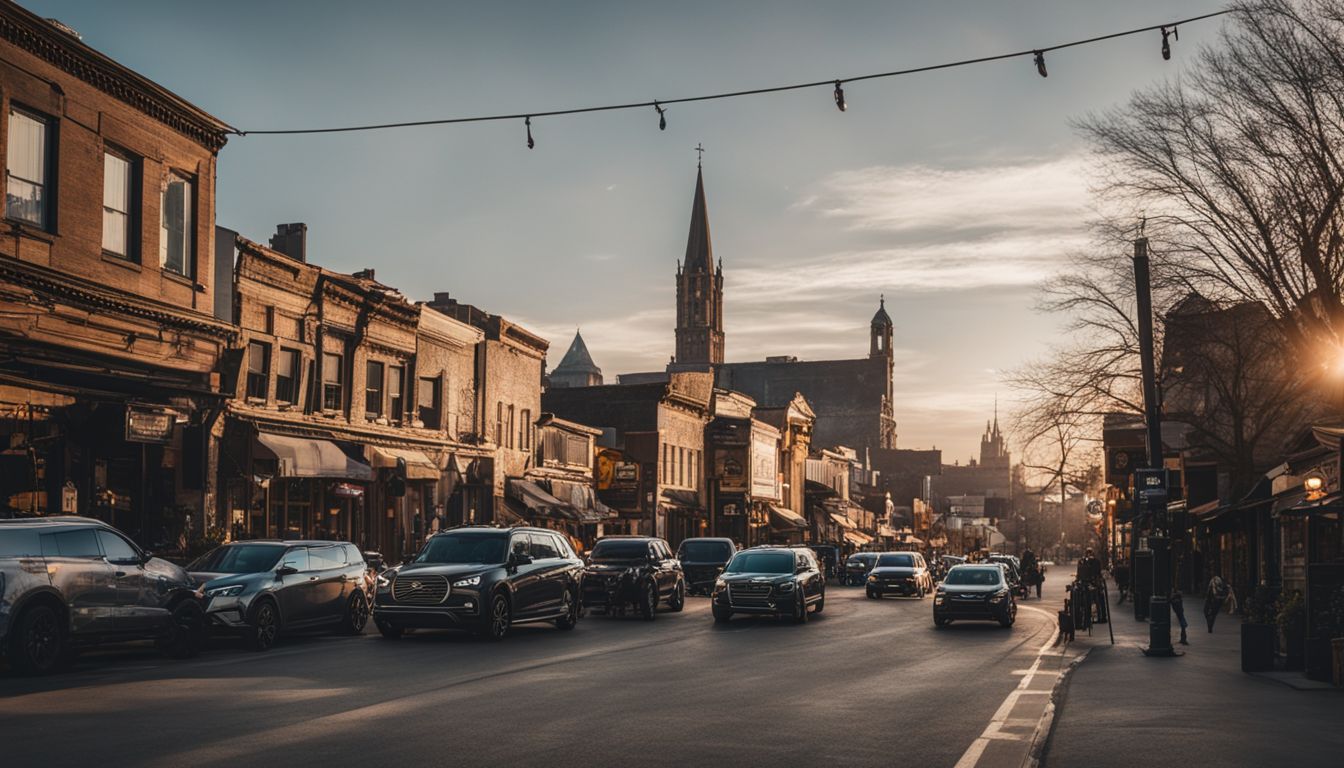 A photo capturing the contrast between a small town's main street and a big city's skyline.