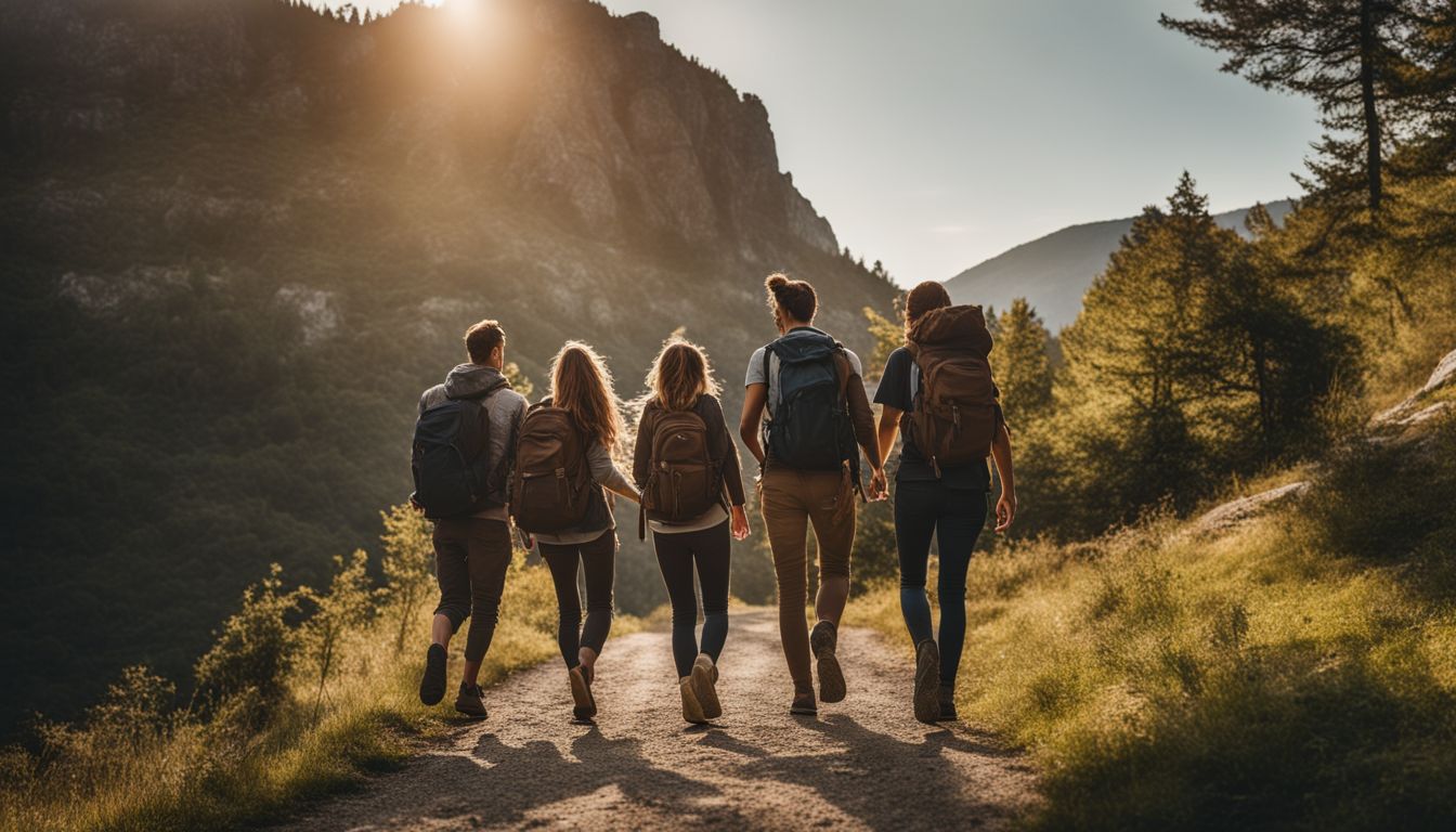 A group of friends enjoy a scenic hike through a small town trail.