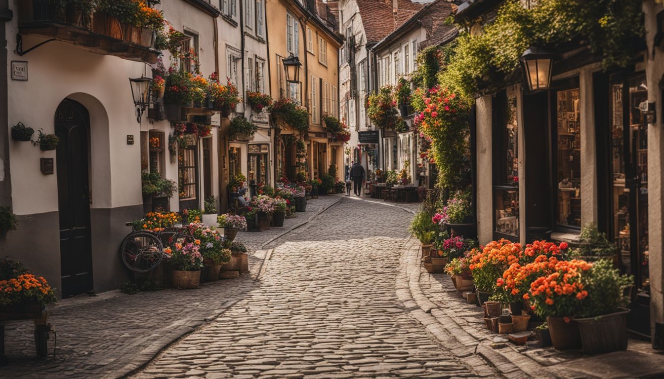 A charming cobblestone street in a small town with shops and colorful flowers.