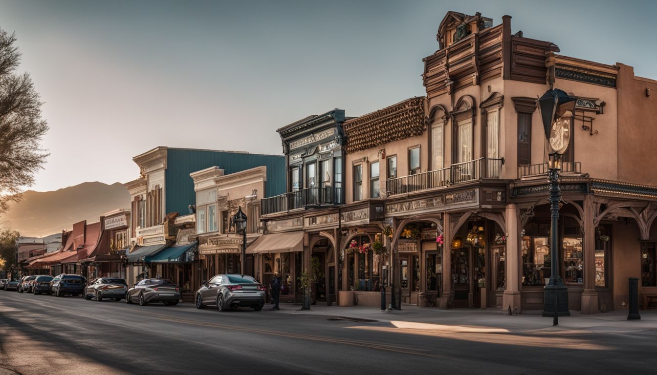 A picturesque historic main street bustling with shops and cafes in a charming small town near Las Vegas.
